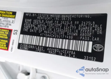 2025 Toyota Camry Xse/Xle/Le/Se z USA, uszkodzony, nr VIN 4T1DAACK2SU171499